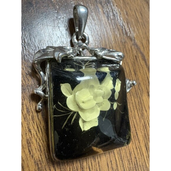 Vintage White Rose Pendant Glass For Necklace Rectangle Silver Tone - Picture 2 of 8